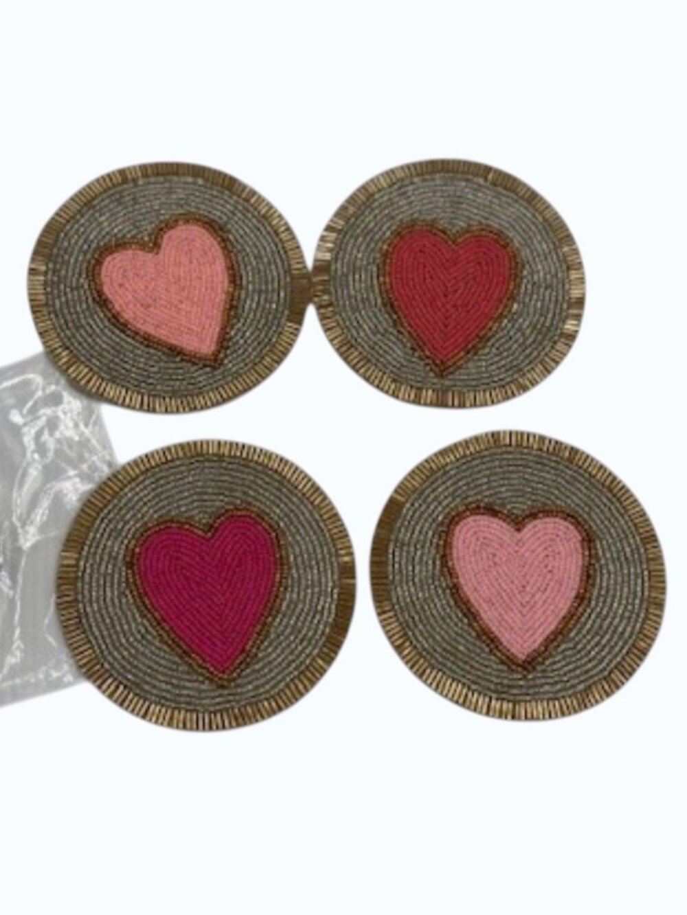 BuDhaGirl Beaded Heart Coaster Set Boho Luxe Drink Coasters Set of 4 New